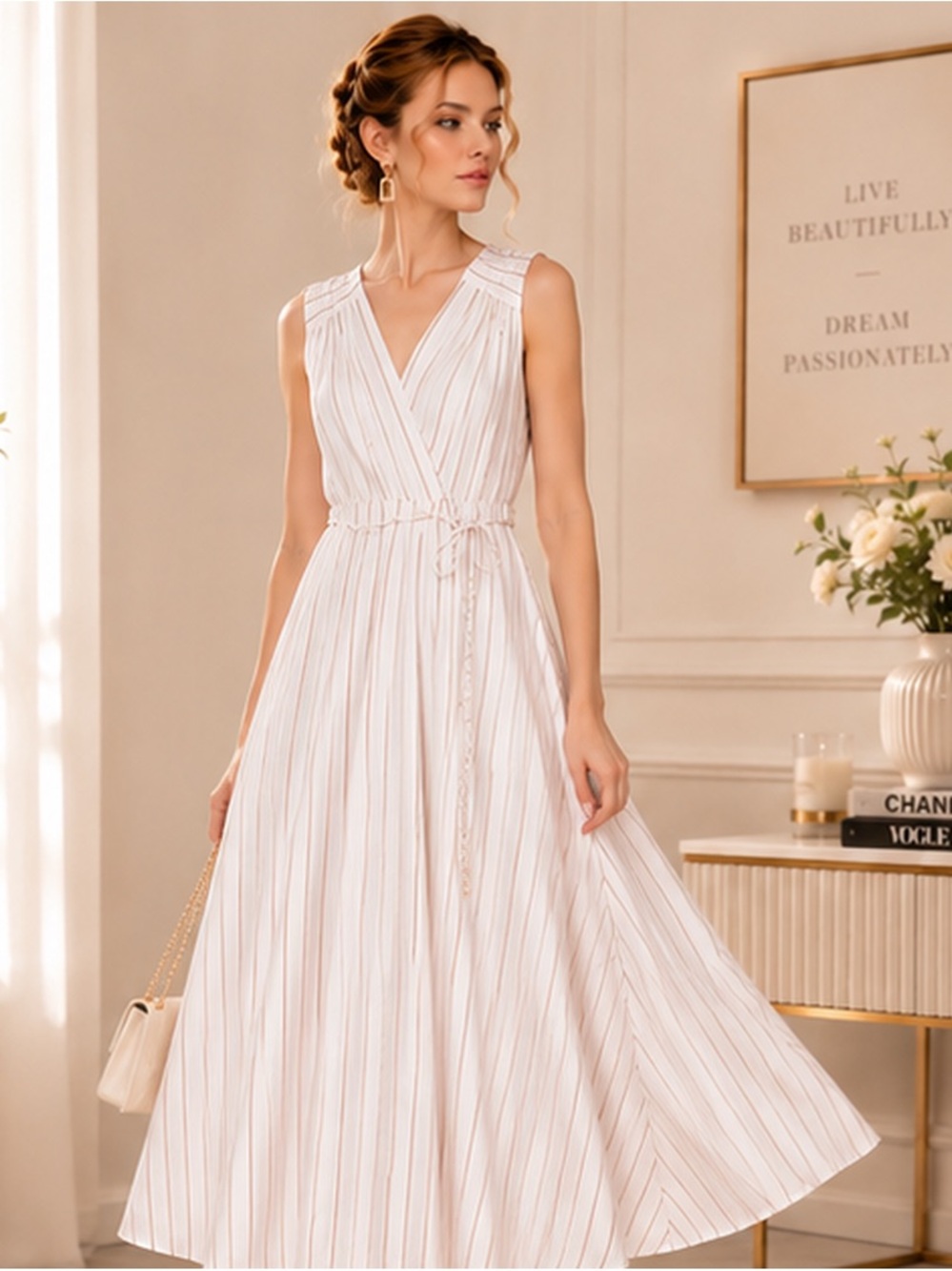 Calvin Klein Cream and White Striped Wrap Midi Dress - Picture 4 of 9